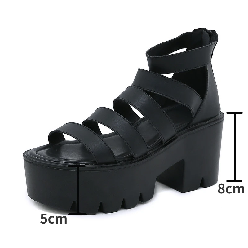 Women Leather Gladiator Sandals Black Block Heels Shoes Open Toe 2023 Summer Leisure Chunky Platform High Heel Roman Sandals