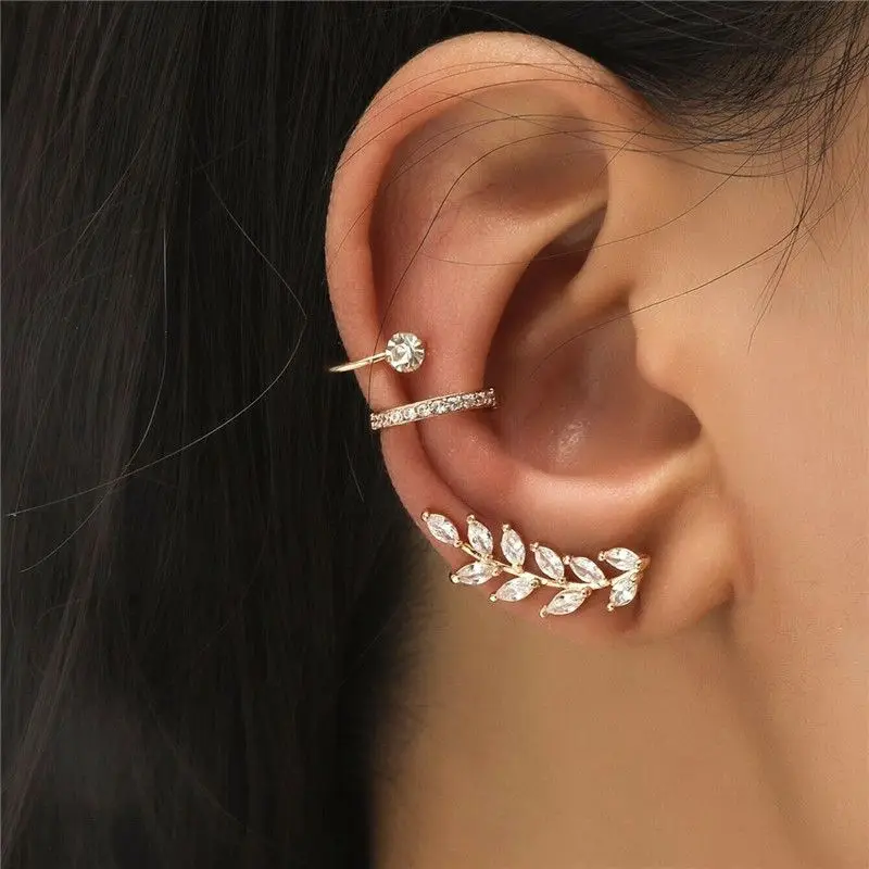

Crystal Cartilage Ear EAR CUFF 3pcs Set Earrings Leaf Ring Fake Clip On Cuff