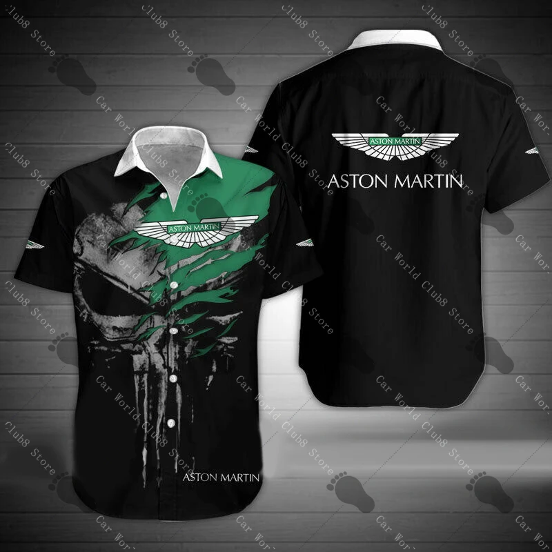 Aston Martin men's shirt, with 3D animated buttons, Harajuku clothing, casual short sleeves, big trend, new in 2023