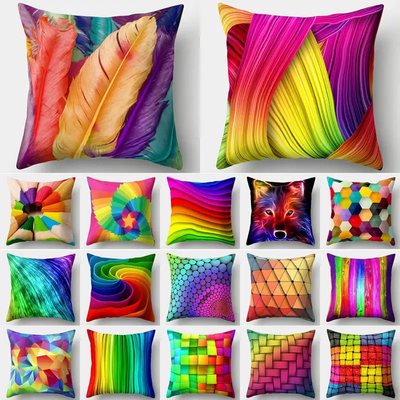 

Rainbow Pillow Case Cushion Cover Cushion Colorful Geometric Feather Polyester Decor for Home Car Sofa Pillow Cover 544
