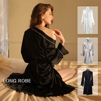 black white gray womens pajamas spring and summer bathrobe long sleeve nightgown silky sexy home wear