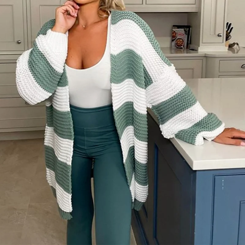 

Fall 2021 New Women's Knitted Mid-length Loose Striped Knitted Sweater Cardigan Fashion Long-sleeved Color Matching Cardigan