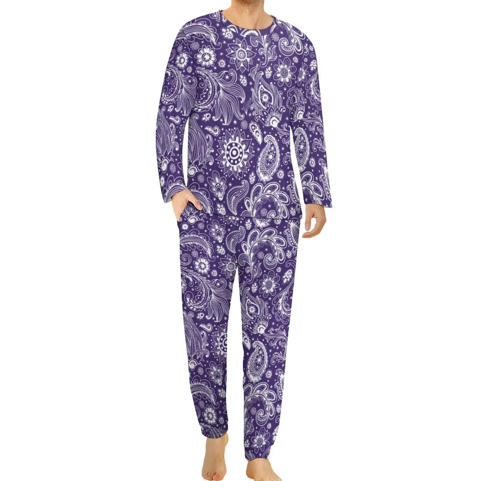 

Floral Paisley Pajamas Spring 2 Piece Blue Boho Style Kawaii Pajama Sets Men Long Sleeve Aesthetic Design Sleepwear Big Size