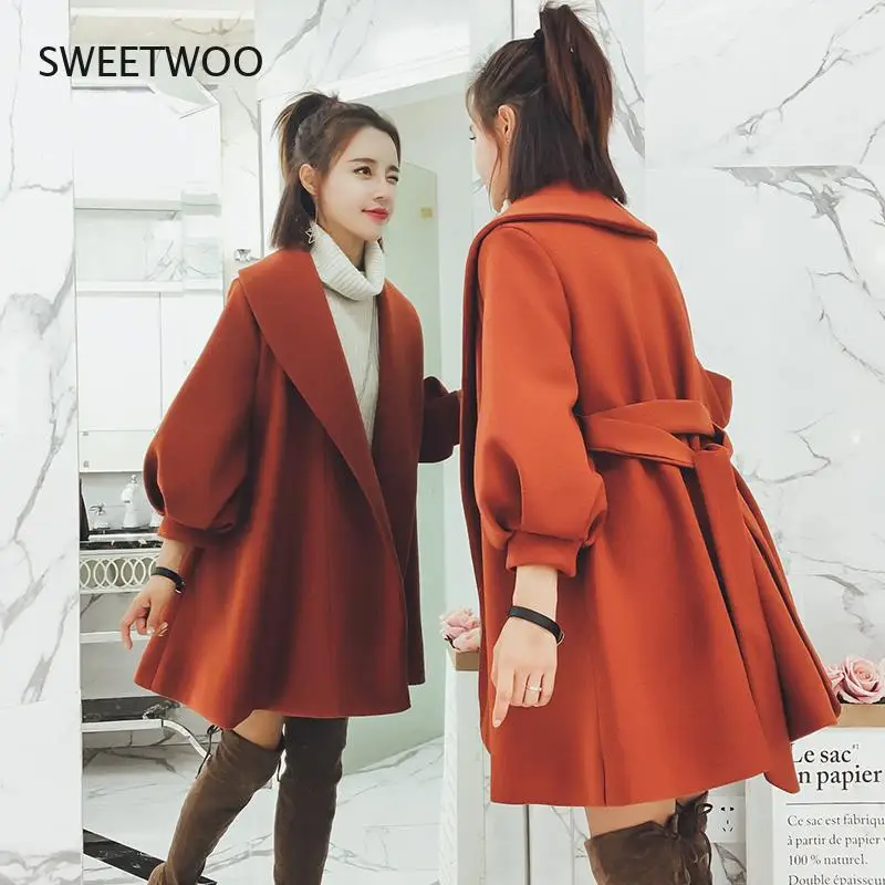 

Korean Version Medium and Long Woolen Windbreaker Coat Autumn and Winter Fashion Lantern Sleeve Harajuku Woolen Coat Women
