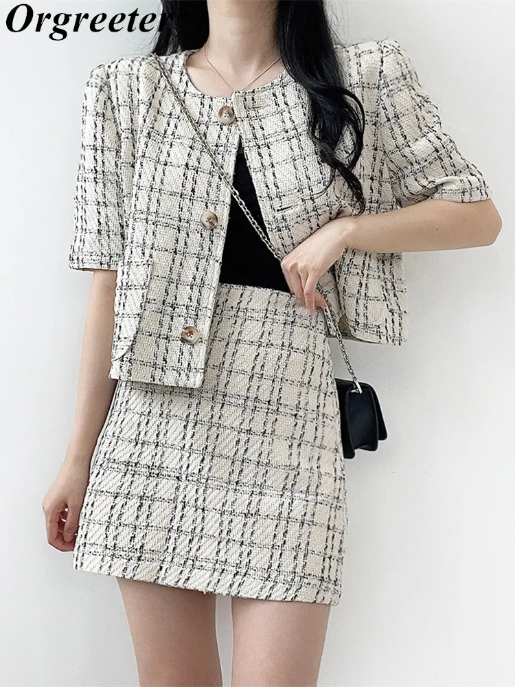 

Корейские модные твидовые летние костюмы, элегантный короткий топ с круглым вырезом и мини-юбка, клетчатый комплект из 2 предметов