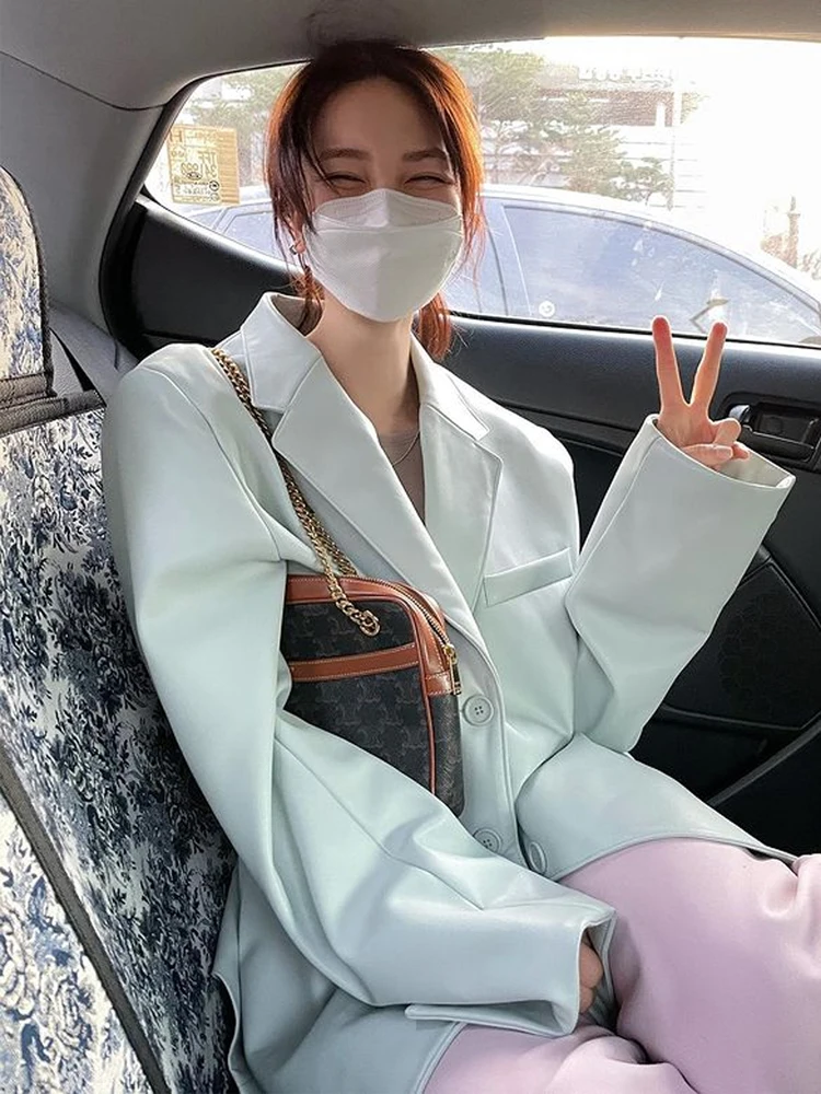 QOERLIN PU Faux Leather Jacket Women Loose Casual Biker Jackets with Pockets Outwear Female Tops BF Style Green Long Jacket Coat