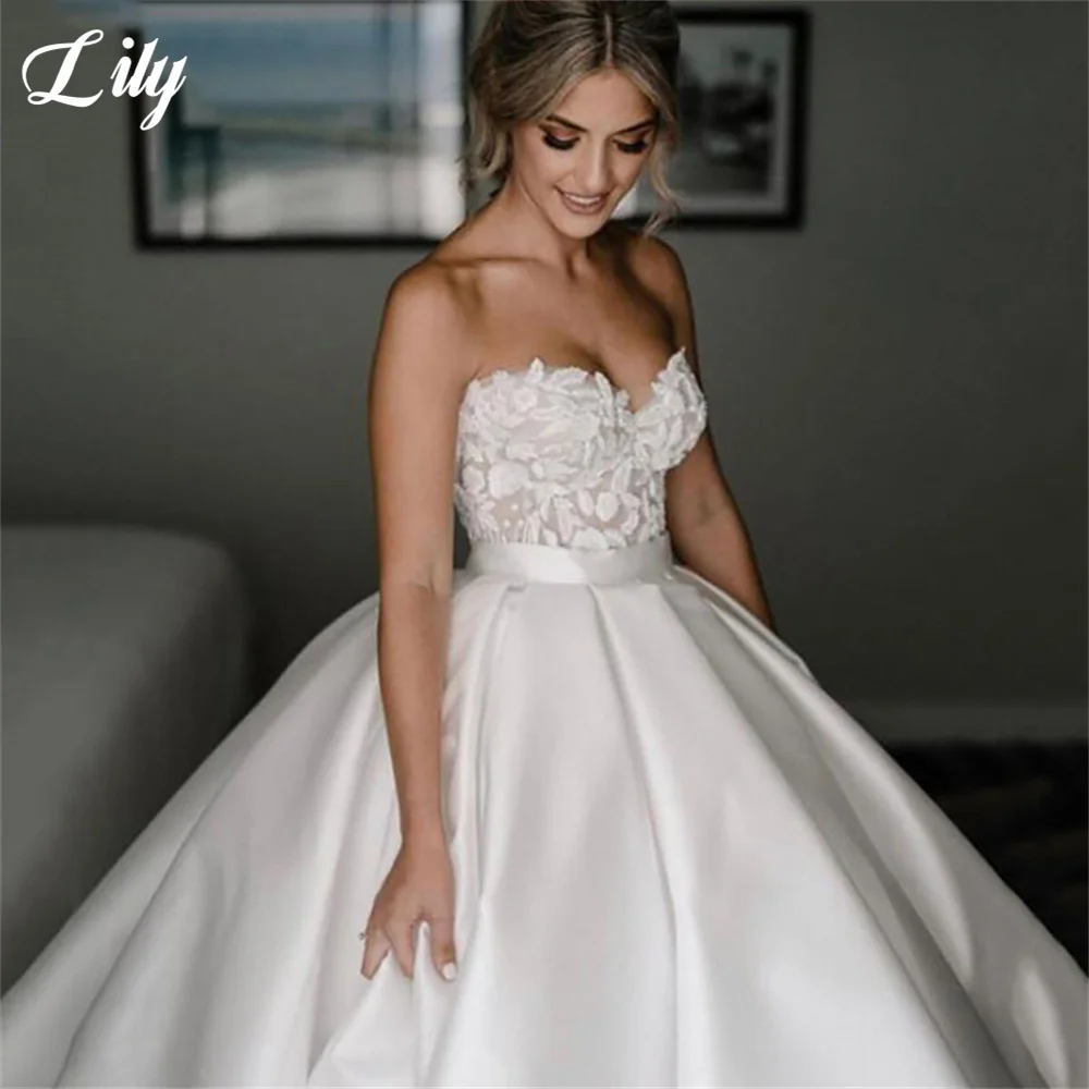 

Princess A Line Wedding Dresses Satin Sweetheart Lace Wedding Bridal Gowns Long Train Ivory Wedding Ball Gown robes de mariage