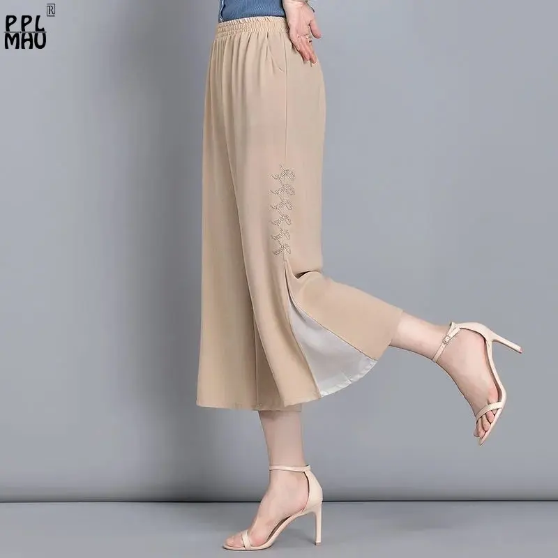 Mother's Elastic Waist Thin Summer Pantalones 81-86cm Ankle Black Baggy Pant Women Fashion Split Design Chiffon Wide Leg Pants