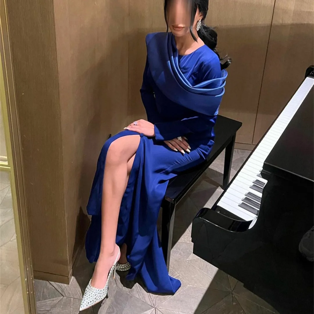 

Elegant Long Royal Blue Crepe Evening Dresses With Slit Mermaid O-Neck Pleated Zipper Formal Party Dress Women Prom Dress