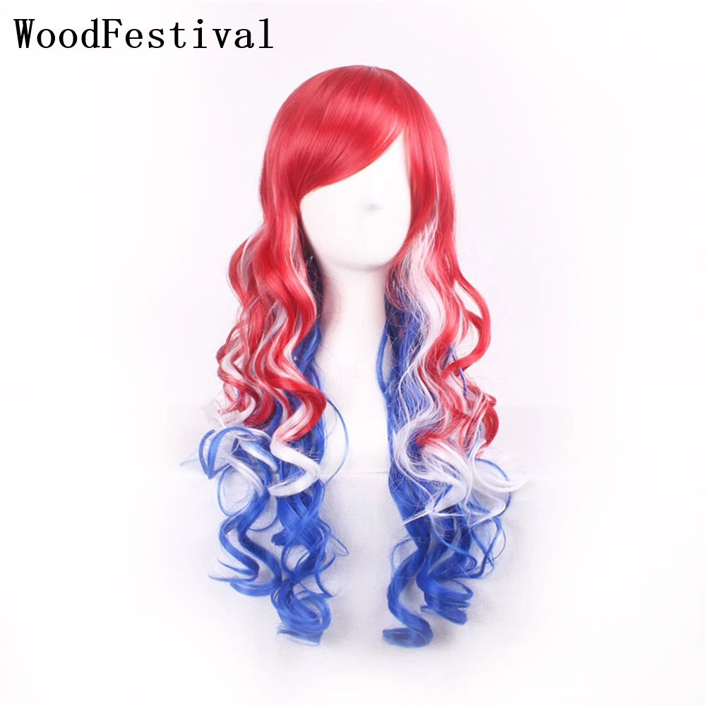 

WoodFestival Synthetic Wig With Bangs Long Hair Party Colored Cosplay Wigs For Women Pink Red Purple Blue Black Halloween Wavy