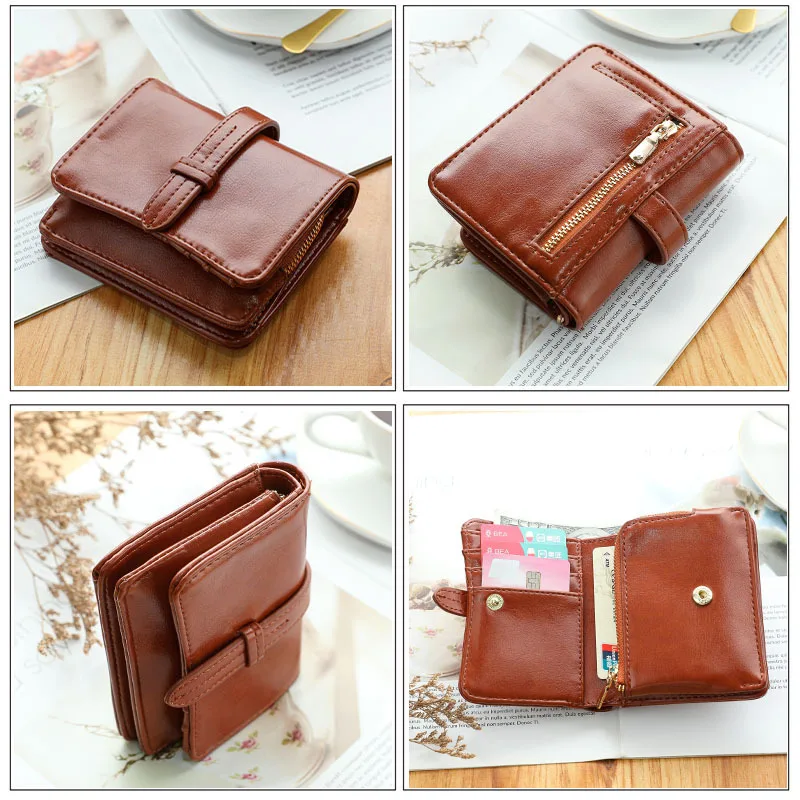 Women's Wallet 2023 New Vintage Oil Wax Folding Simple PU Ultra-thin Small Money Clip Card Bag Female