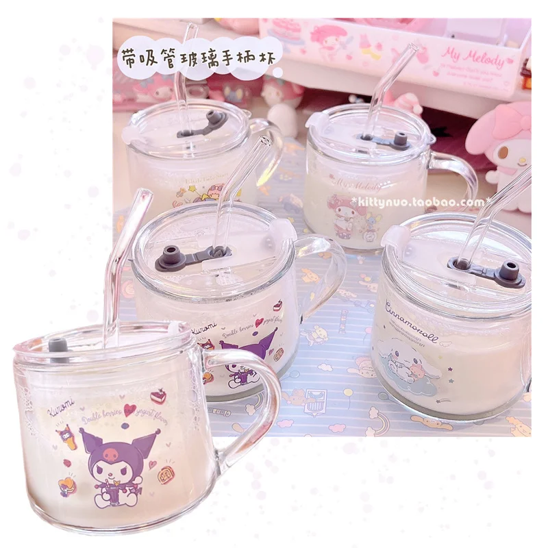 

Милый аниме My Melody Kuromi Cinnamoroll с крышкой, стеклянная чашка для воды, кавайная креативная молочная чашка для завтрака, чашка для сока для студен...