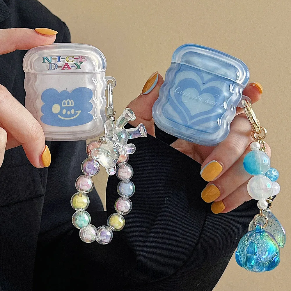 

Transparent Wavy Soft IMD Case For Apple Airpods Pro 1 2 3 Box Blue Heart Smiley Earphone Cover Cute Bear Pendant Candy Bracelet