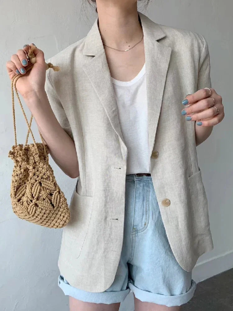 

2023 Women's Blazer Suits Women's Cotton Linen Short-sleeved Coat Loose Casual Solid Color Top Blazers for Women Elegant Stylish