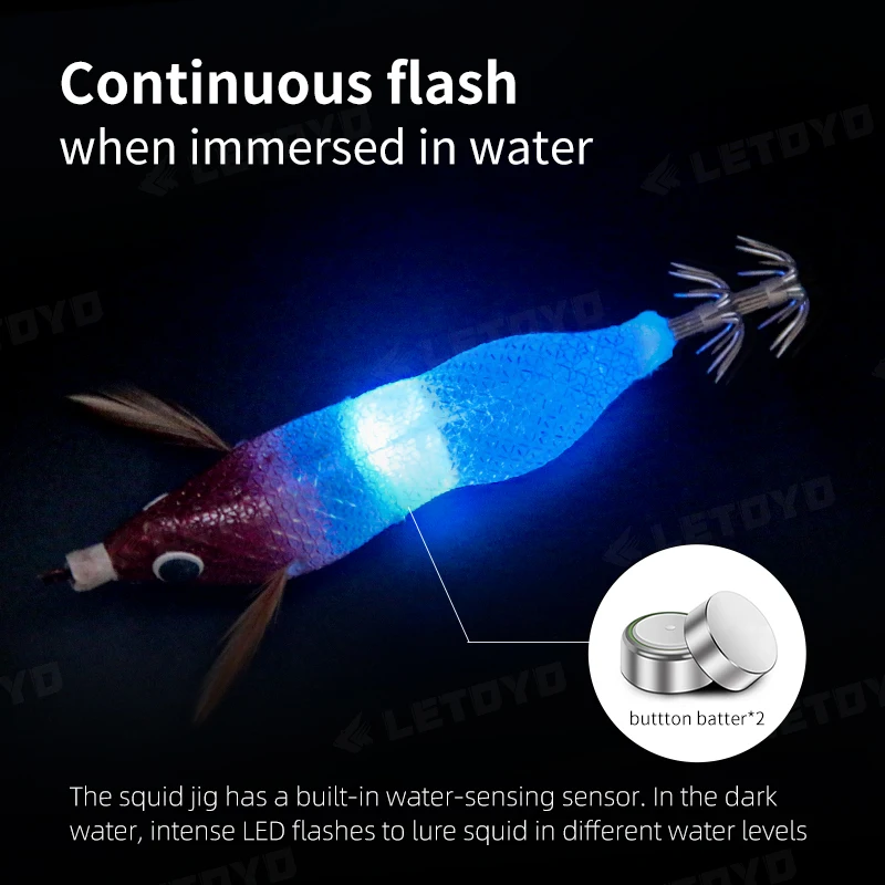 LETOYO Flashing LED Squid Jig Lures 80mm 12g Auto Luminous Eging Fishing Cuttlefish Jigs Glow Octopus Jig Egi Fishing Squid Lure