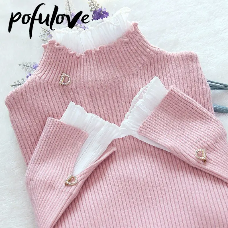 Sweater Women's Turtleneck Lace Ruffle Pullover Women's Trumpet Sleeve Top Solid Color Knitwear Trending Sweater Autumn Winter