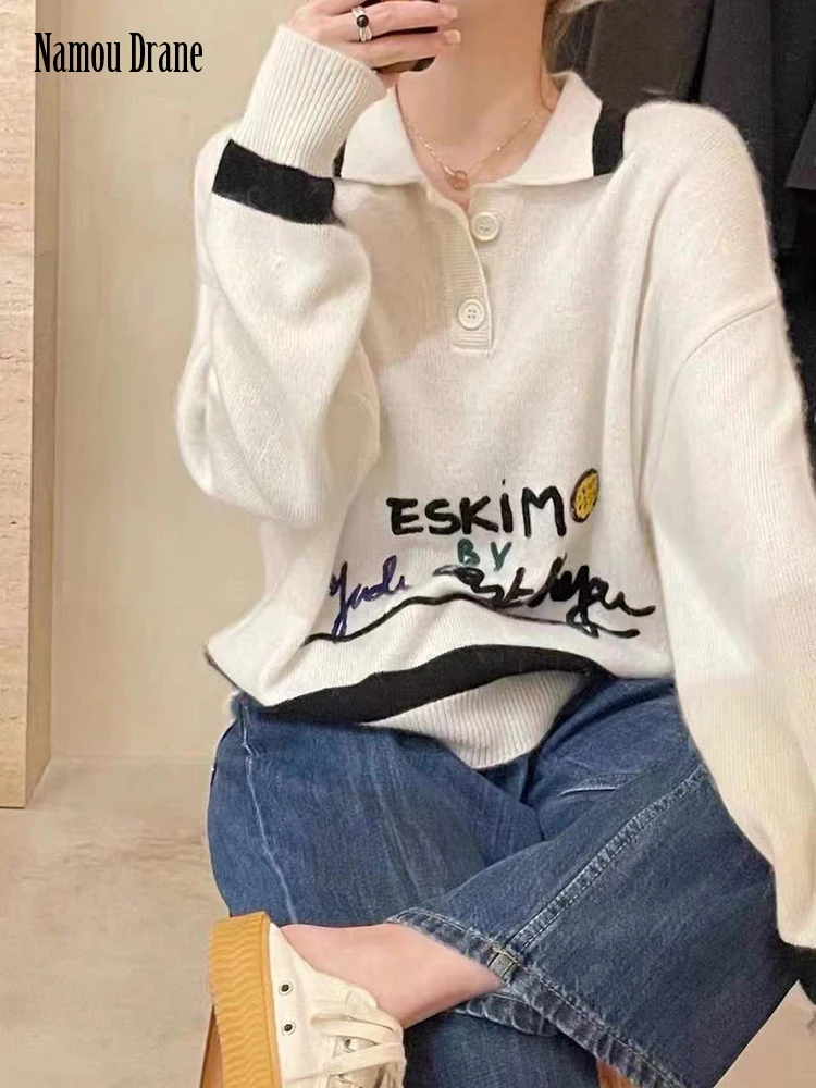 

Namou Drane Korean-style 2022 Autumn Winter New Fashion Long Sleeve Button Lapel Age-reducing Letter Lazy Sweater Sweater