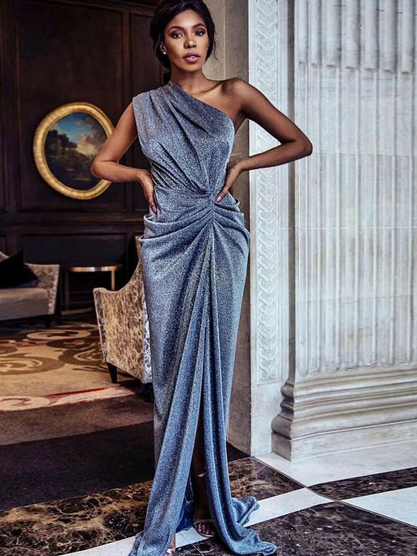 

Adyce Elegant Evening Women's Maxi Dress Sexy One Shoulder Blue Draped Celebrity Runway Birthday Club Party Female Outfits Dress