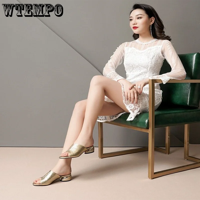 WTEMPO Soft Leather Slippers Comfortable Thick Heels Female High-heeled Sandals Summer Open-toe Antiskid Shoes Dropshipping