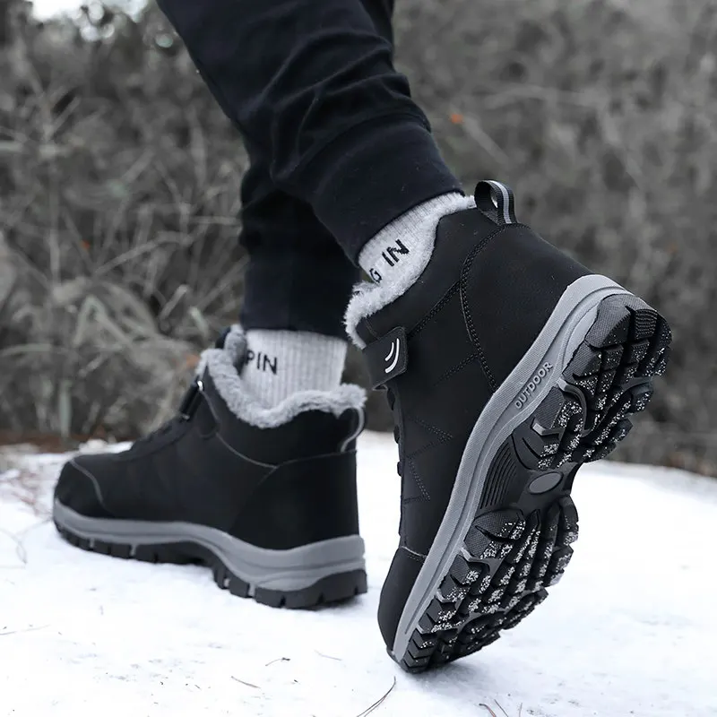 Men Boots Winter Women Boots Plush Leather Waterproof Sneakers Outdoor Warm Boots Unisex Climbing Shoes Lace-up Hiking Boots Man