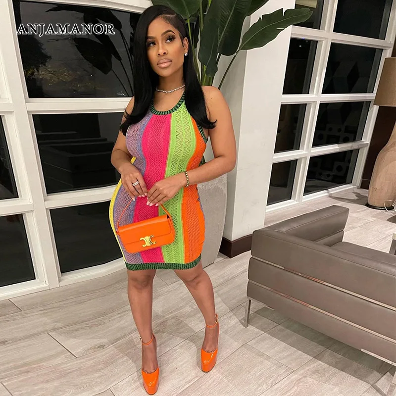 

Женское прозрачное Сетчатое мини-платье в цветную полоску, без рукавов