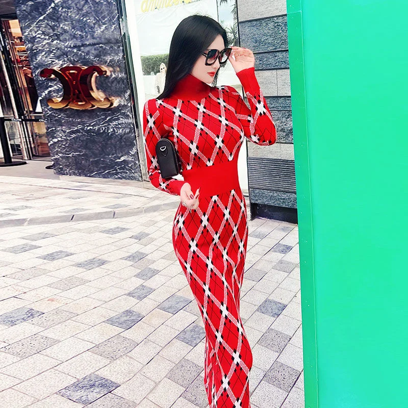 

Winter High Neck Knitted Wool 2022 New Fashion Temperament Slim Over Knee Shirts Dresses For Women Casual Japanese Streetwear