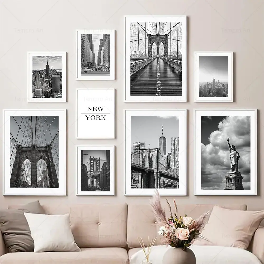 

Black White New York City Canvas Prints Statue of Liberty Brooklyn Bridge Empire State Building Poster Living Room Wall Decor