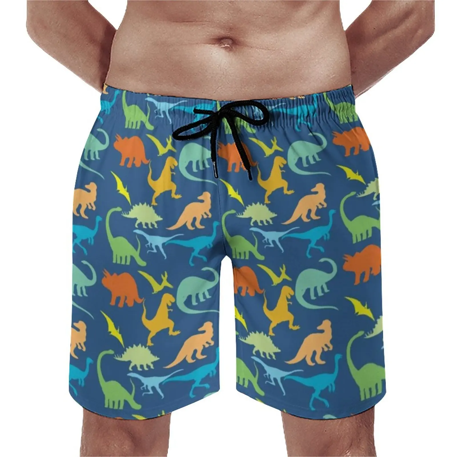 

Colorful Dinosaurs Pattern Board Shorts Dinosaur Silhouette Beach Shorts Elastic Waist Pattern Print Swimming Trunks Large Size