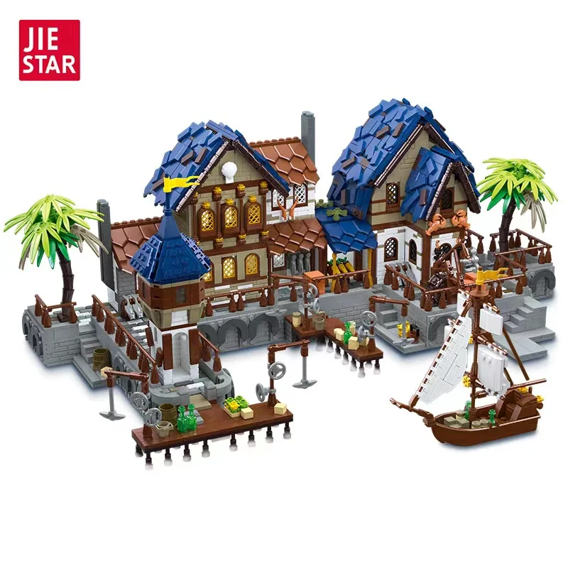 

Creative Castle Architecture Medieval Harbor Tavern Smithy MOC City Town Street House Pub Retro Scene Building Blocks Kid Toy