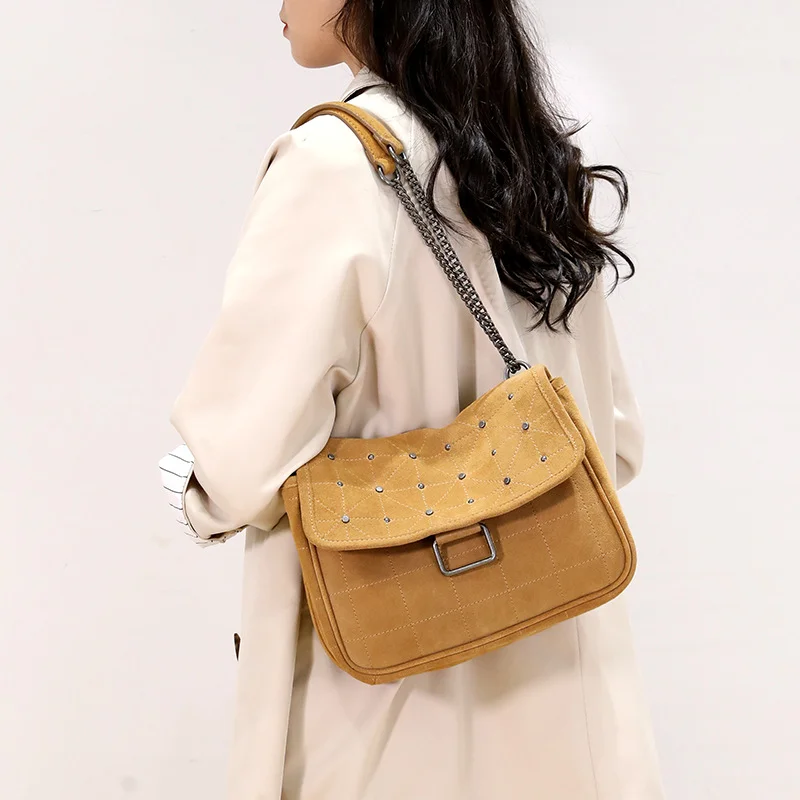 Autumn Winter New Stray Bag Rivet Small Square Bag Brown Back Velvet Cofskin One-shoulder Crossbody Bag