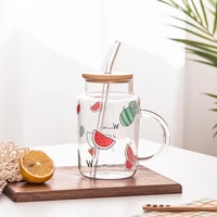 480ml 10oz high borosilicate cute strawberry water milk drinking glasses cup small fresh mug with straw lid