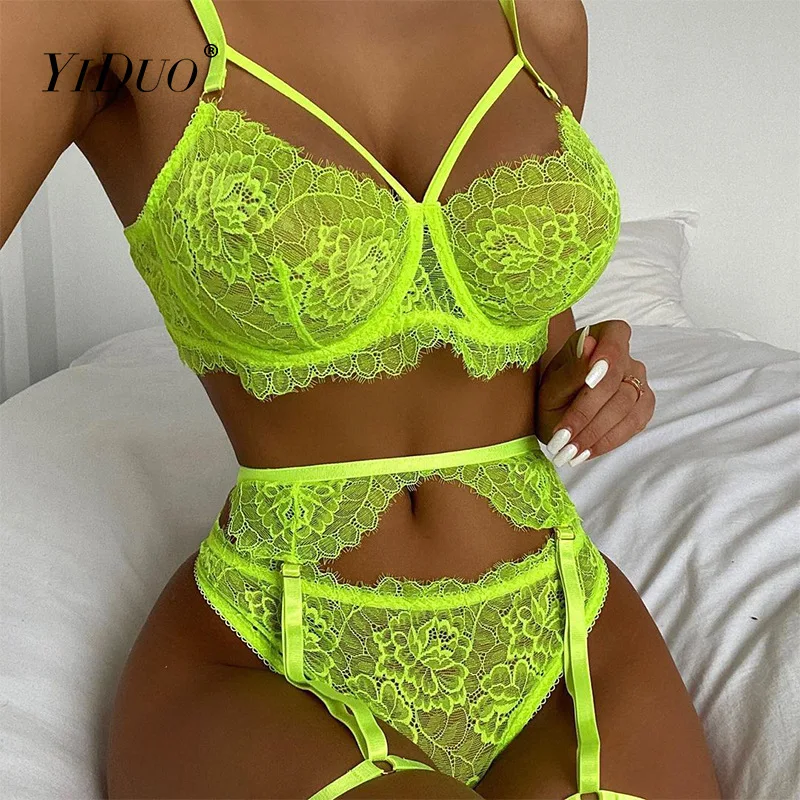 

YiDuo Lingerie Sexy Lace Sensual Underwear 3-Piece Short Skin Care Kits Bra Thongs Garters Exotic Set Women нижнее белье женское
