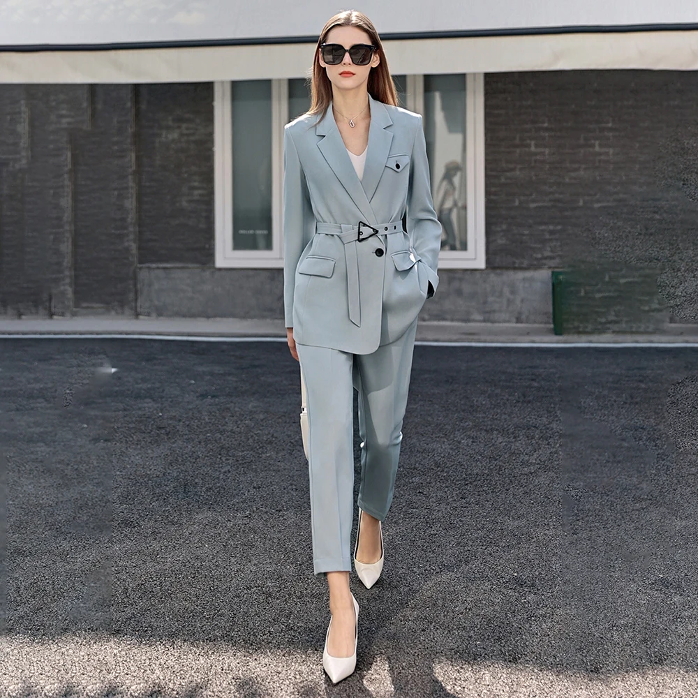 2023 New Minimalism Spring Blazer Women Suit Jacket Casual High Waist Loose Nine-Pants Office Lady Blazers with Belt Design