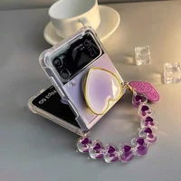 purple love heart holder case for samsung galaxy z flip 4g 3 flip3 5g crystal bracelet chain clear shockproof protective cover