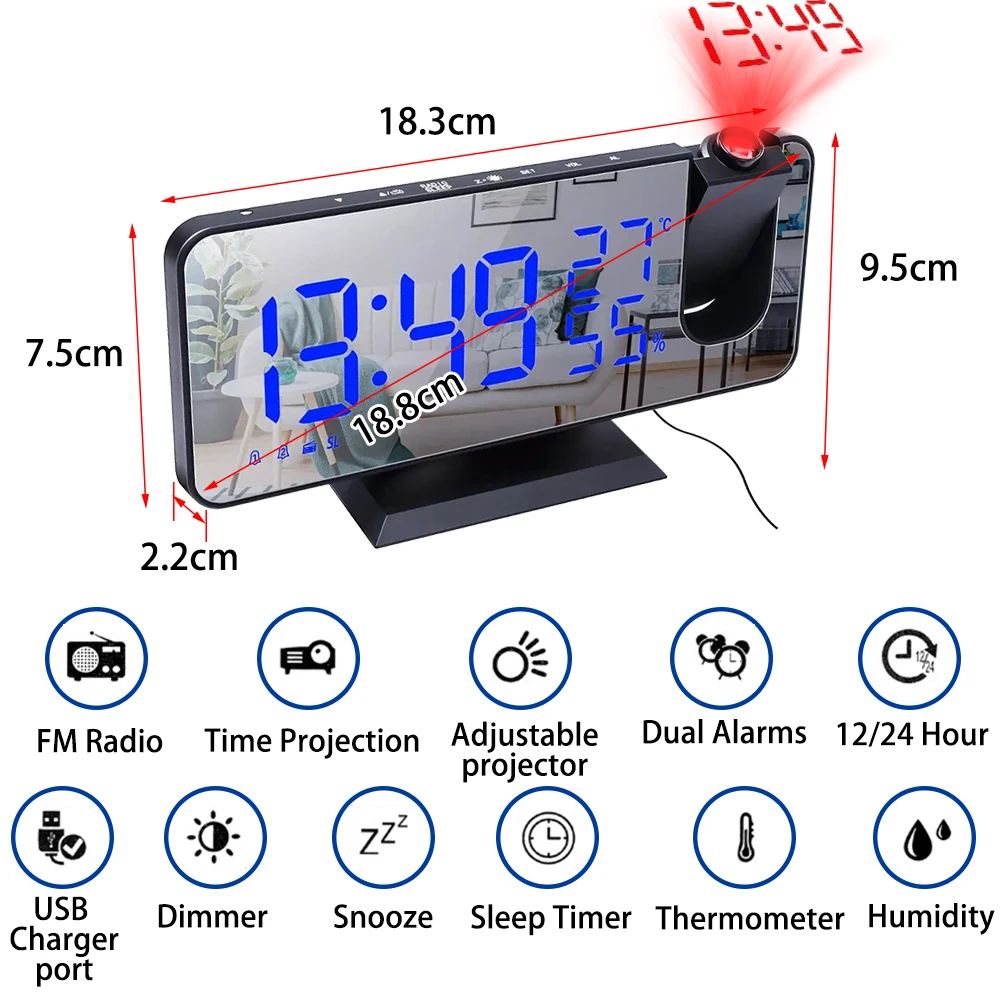 

LED Digital Projection Alarm Clock Electronic Alarm Clock with Projection FM Radio Time Projector Bedroom Bedside Mute Clock