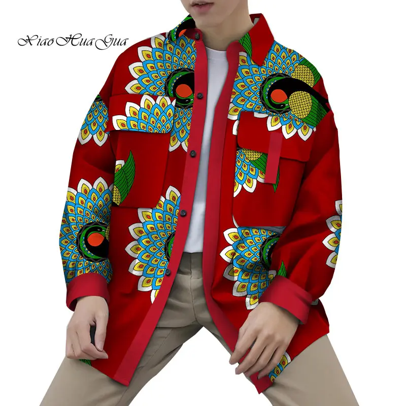 

African Bomber Jacket Print Coat Men Bazin Riche African Clothing Men Wax Print Cotton Dashiki Causal Shirts Coat Jacket WYN808