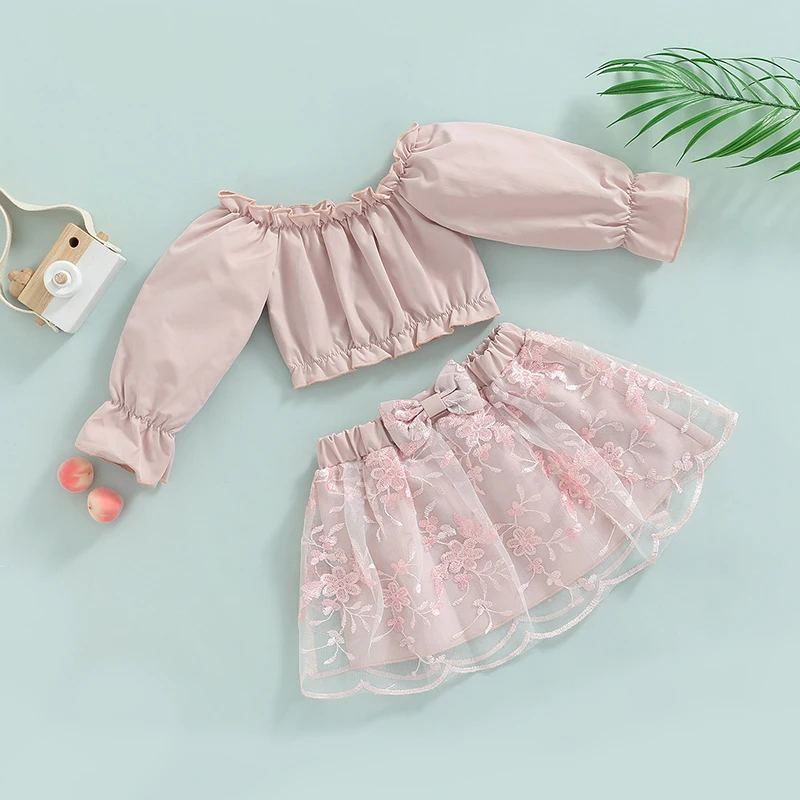 

Женский костюм из двух предметов, модная футболка с длинным рукавом и вырезом лодочкой и короткая юбка из сетчатой ткани с вышивкой, 2019