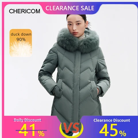 Chericom женский зимний новый пуховик с воротником из лисьего меха и капюшоном, теплый утолщенный пуховик, однотонная универсальная стеганая куртка 299310