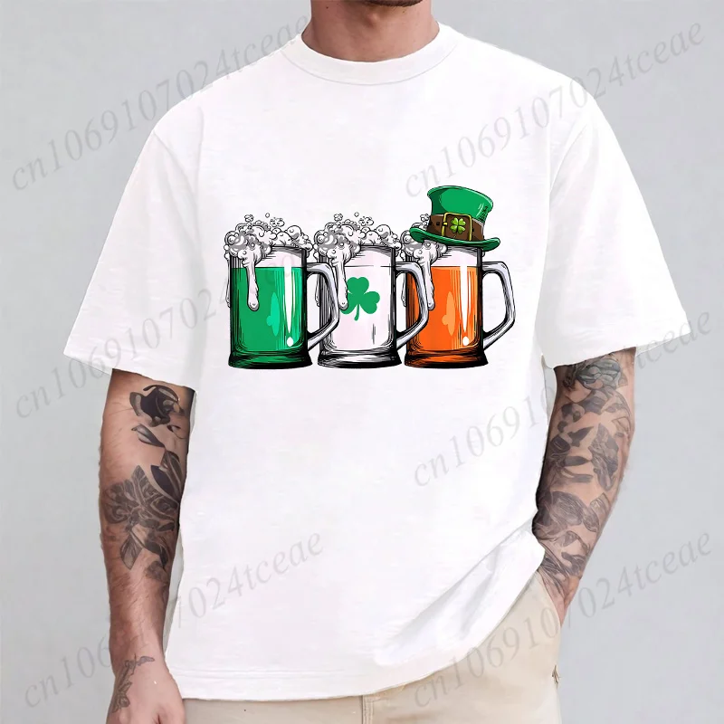St Patrick's Day Men's T-Shirt Irish Beer Ireland Flag Print Unisex Oversized Tee Leprechaun Graphic Top Green White Party Wear