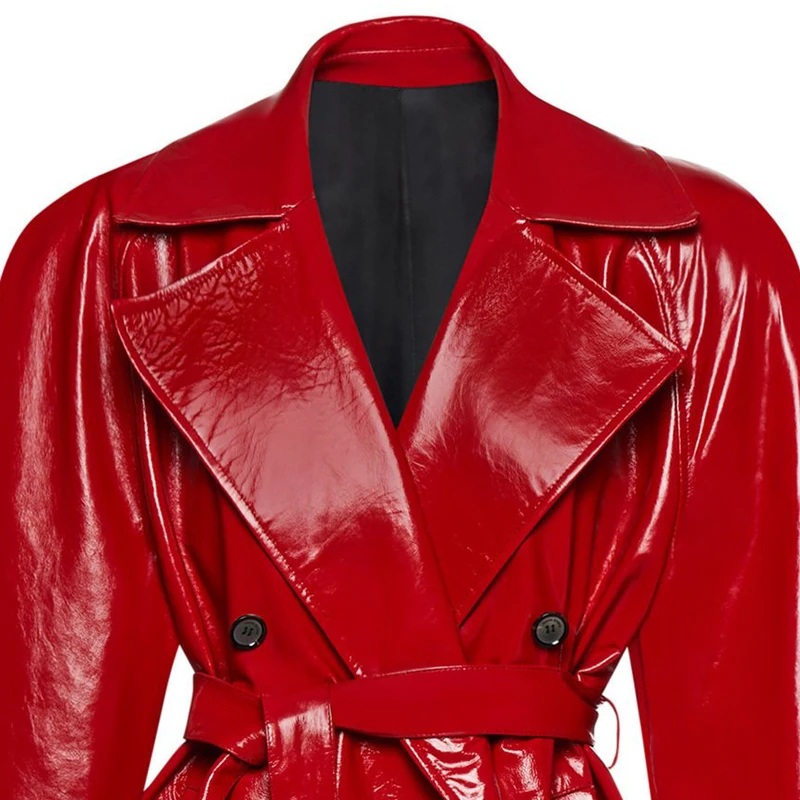 Модная красная ветровка из овчины длиной до колена двубортное стильное женское