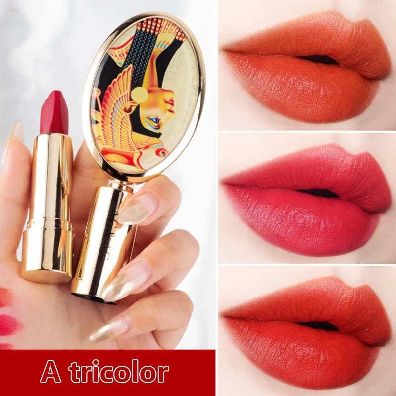 

A Three-color Lipstick With Mirror Matte Rotten Tomato Color Lip Tint Long Lasting Not Easy To Fade Lip Gloss Make-up For Women