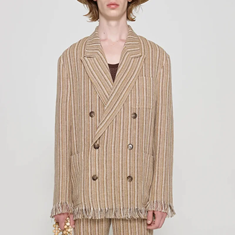 

Streetwear Jacket Men Blazer Fashion Striped Print Turn-down Collar Suit Coats 2022 Autumn Chic Ripped Design Buttoned Outerwear