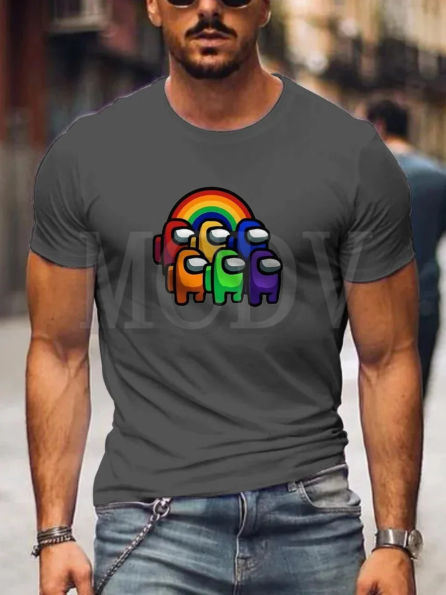 

2023 Summer Men's Printed Casual Crew Neck Short Sleeve T-Shirt The Among Us Cartoon Pattern Rainbow 3D Printed T Shirt