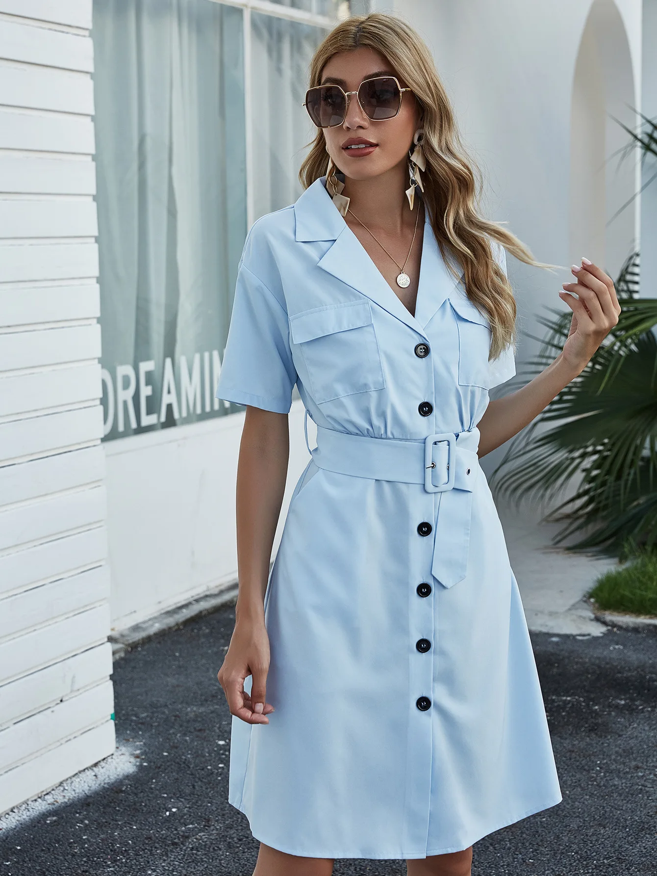 

платье летнее 2022 платье корейский стиль женская одежда RMZM 2022 элегантное офисное платье-рубашка с коротким рукавом однобортная мини-юбка с п...