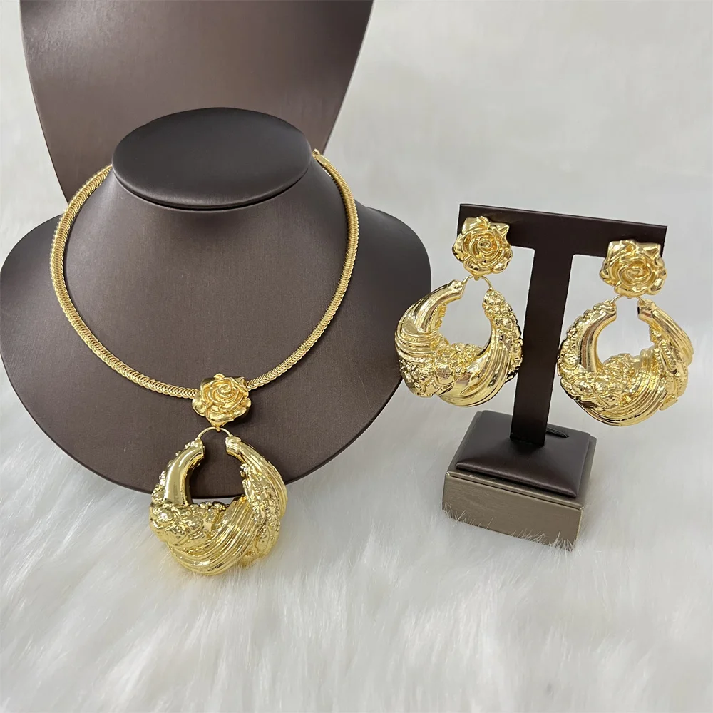 

Dubai Gold Color Jewelry Sets For Women Necklace and Earrings Geometric Pendant Brazilian Set For African Wedding Party Gifts