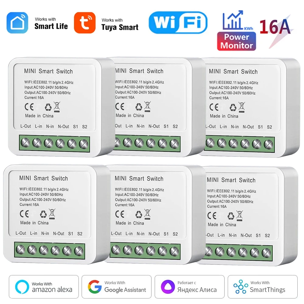 

16A Tuya WiFi MiNi Smart Switch with Power Monitor 2-way Control Timer Wireless DIY Breaker Work with Alexa Google Home Alice