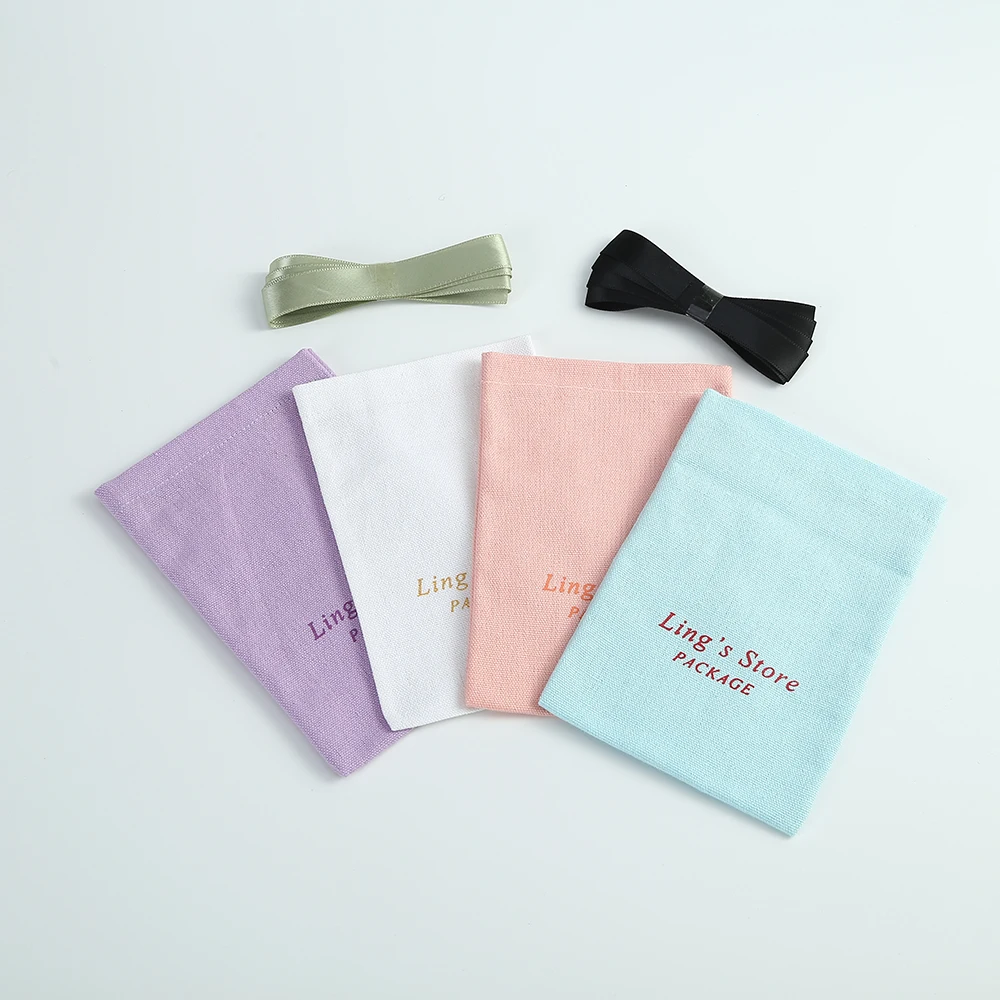 100pcs Cotton Burlap Jewelry Bag with Ribbon Custom Logo Jewelry Organizer Wedding Party Candy Bag Earrings Bag Personalizado