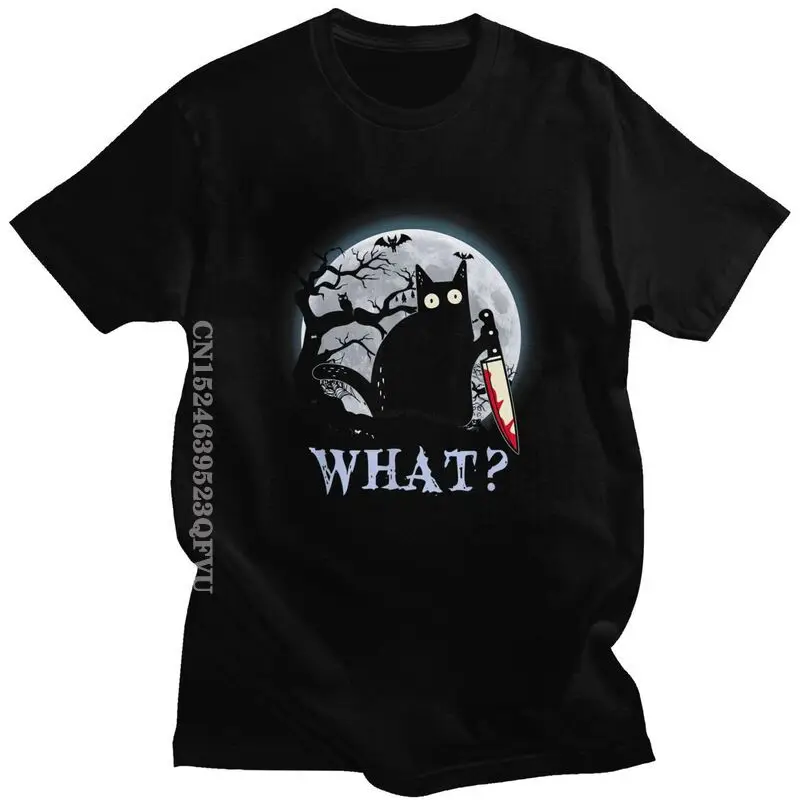 

Funny Cat What Murderous Black Cat With Knife Tshirts Men Women Mend Halloween T-Shirts Casual Tee Tops Cotton Tshirt Harajuku