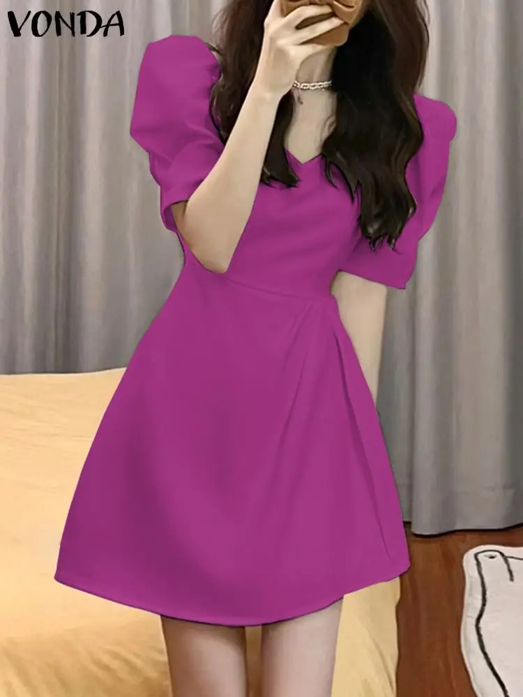 

VONDA 2022 Summer Women Mini Dress Short Sleeve Office A-Line Solid Party Sundress Casual Loose Robe Female Vintage Vestido
