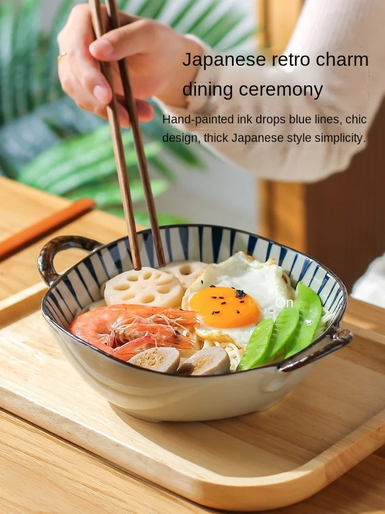 

Binaural Household Tableware Ceramic Large Ramen Bowl Handle Soup Plate